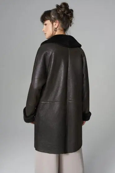 Dark Brown Lambskin Midi Coat with Merino Fur Collar-1