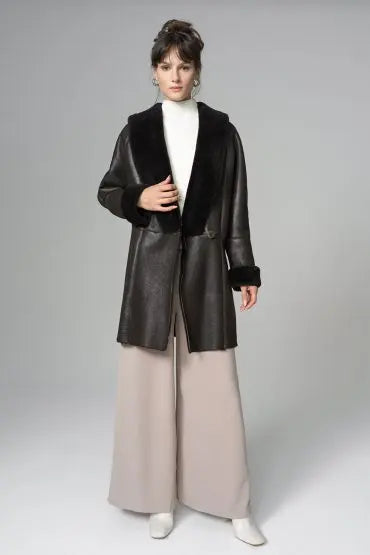 Dark Brown Lambskin Midi Coat with Merino Fur Collar-2