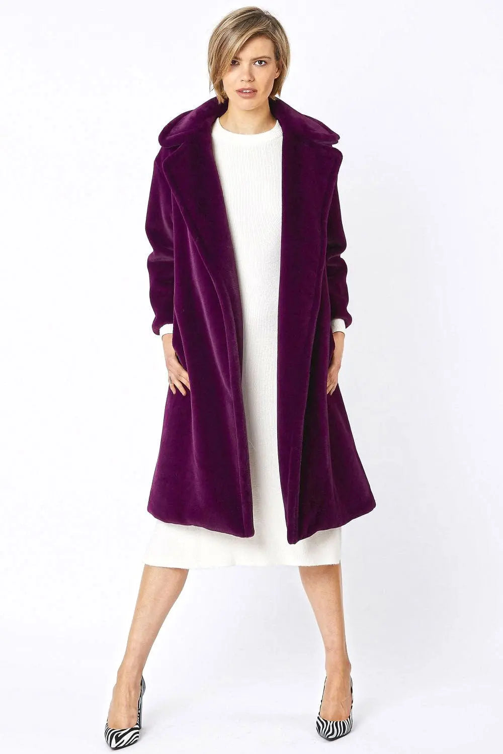 Deep Purple Faux Fur Midi Shaved Shearling Coat-0