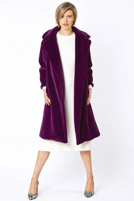 Deep Purple Faux Fur Midi Shaved Shearling Coat - Memoriex 