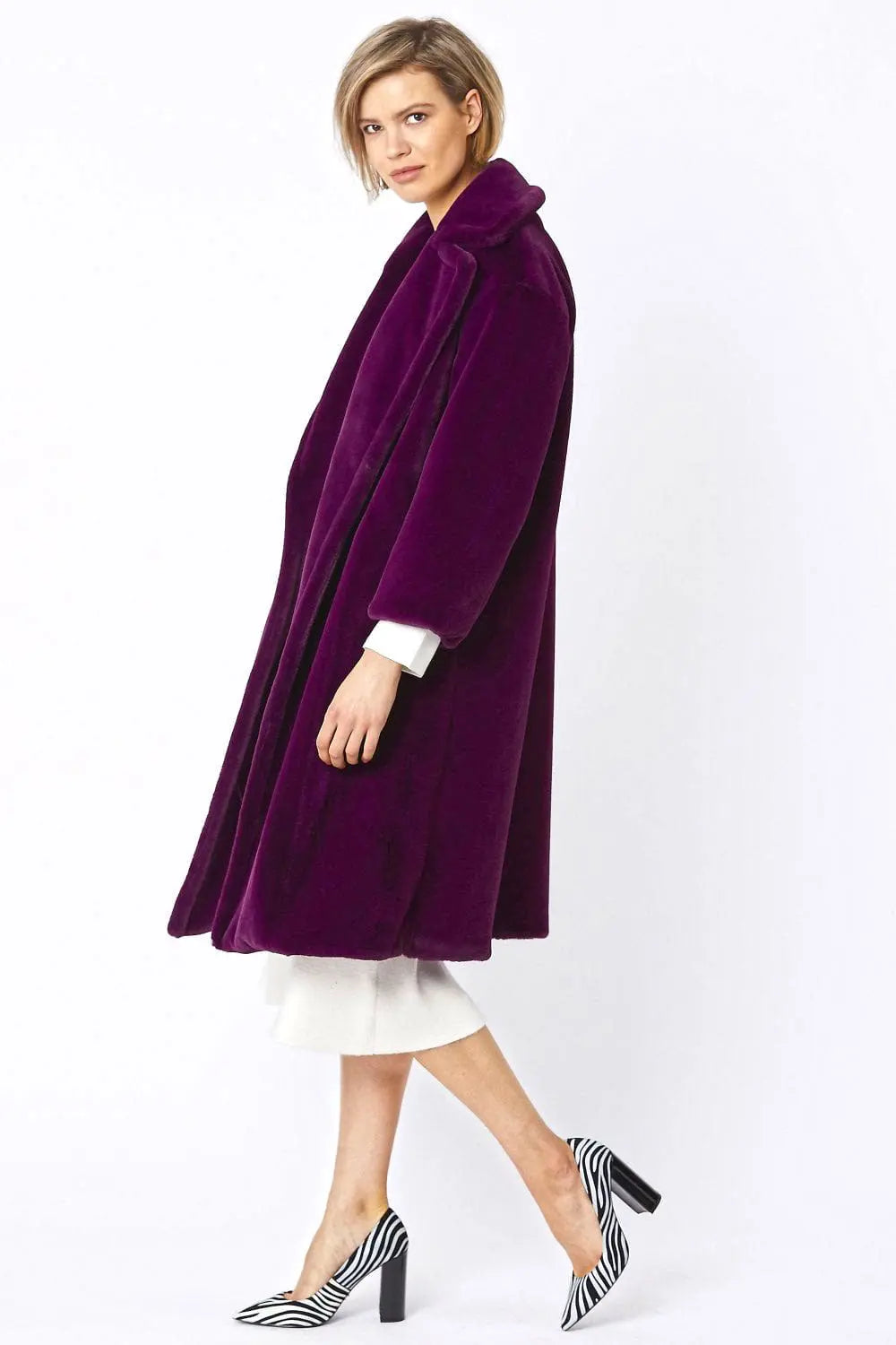 Deep Purple Faux Fur Midi Shaved Shearling Coat - Memoriex 