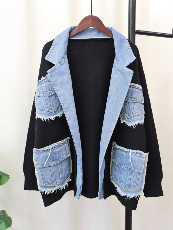 Denim Stitching Sweater Coat For Women - Memoriex 