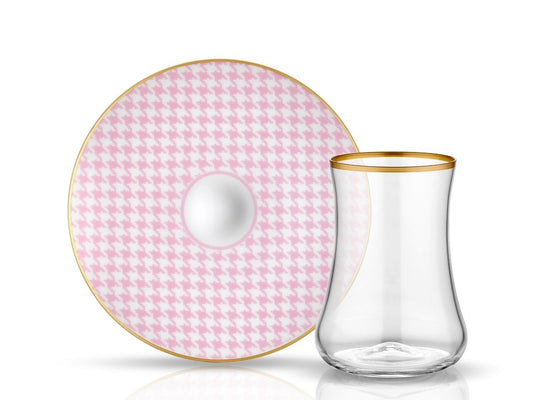 Dervish Tartan Pink Tea Glass and Saucer - Gold Rim-0