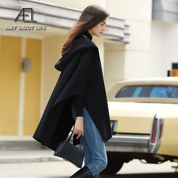 Design Sense Woollen Poncho Coat | For Street Photography New Hooded Short Coat For Women - Memoriex 
