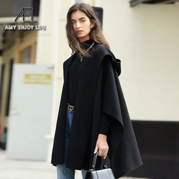 Design Sense Woollen Poncho Coat | For Street Photography New Hooded Short Coat For Women - Memoriex 