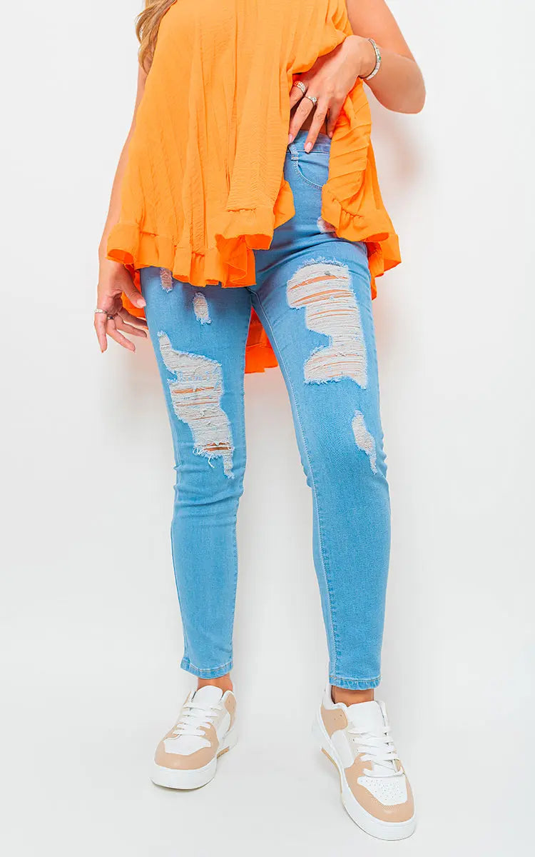 Distressed High Waisted Jeans - Memoriex 