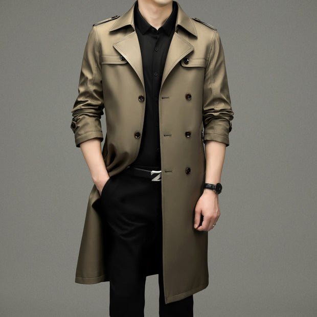 Double Breasted Men's Long Trench Coat Business Casual Lengthened - Memoriex 