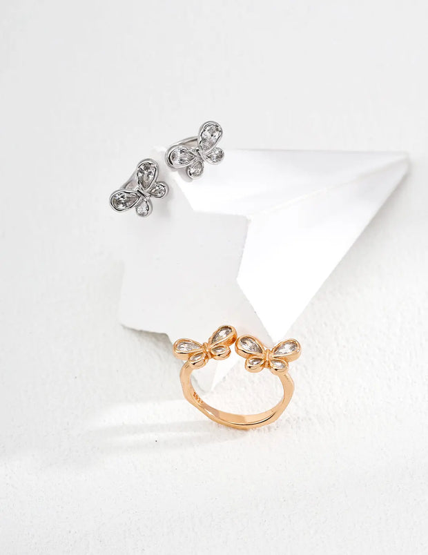 Double Butterfly with Zircon Crystals Ring-0