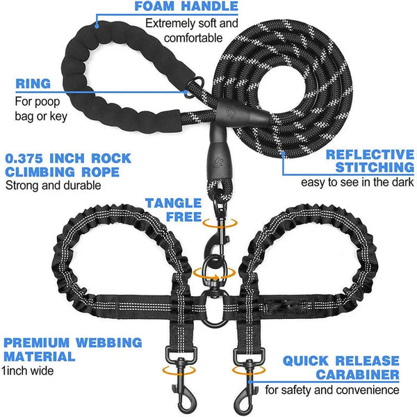 Double-Headed Pet Leash Luminous Pet Double-Headed Dog Leash One Drag Two Large Dog Leash - Memoriex 