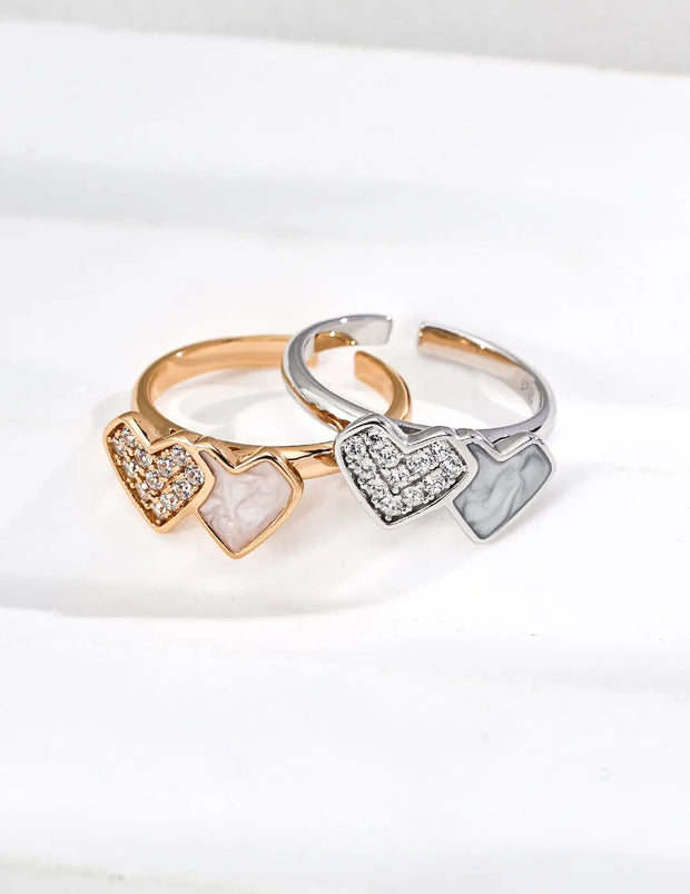 Double Heart Enamel & Zircon Ring-0