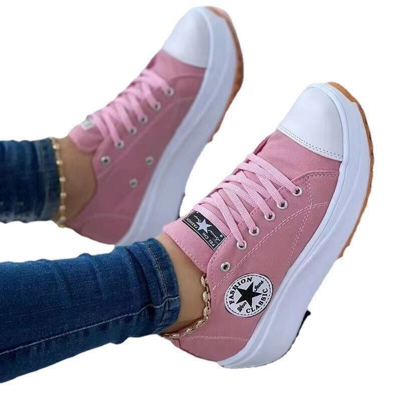 Leisure single shoe women's solid color thick sole lace up canvas shoes casual shoes - Memoriex 