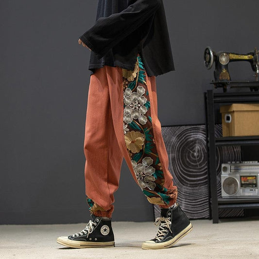 Japanese retro trendy oversized embroidered color blocking casual pants