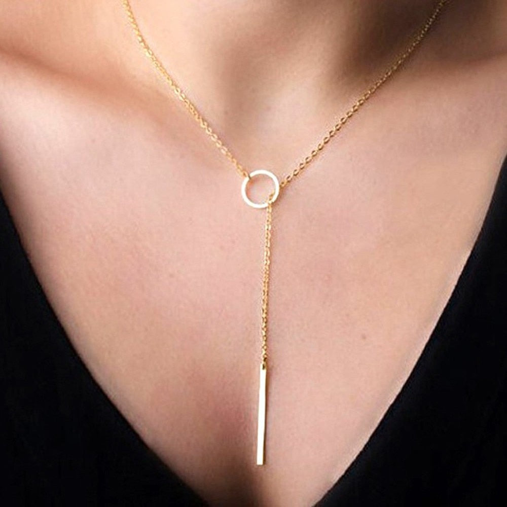 Women Accessories Hot Fashion Gold Silver Metal Chain Bar Circle Lariat Necklace Long Strip Pendant Necklaces Jewelry - Memoriex 