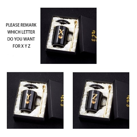 400ml Creative Gold Finger Printing Black Ceramic Coffee Mug Tea Cup With Gold Handle As Gift With Lid And Spoon - Memoriex