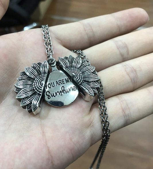 Women Necklace Custom You Are My Sunshine Open Locket Sunflower Double-layer Lettering Necklace Short Clavicle Chain - Memoriex