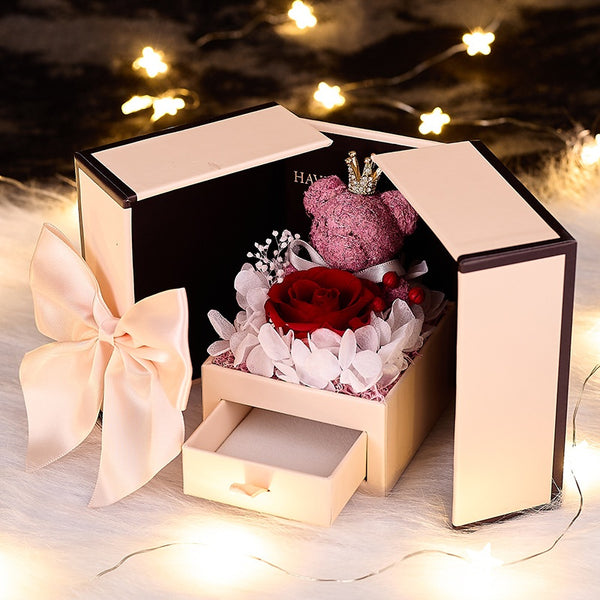 Eternal Flower Gift Box with Rose and Bear, Double-Door Design, Elegant Jewelry Packaging Box for Valentine's Day