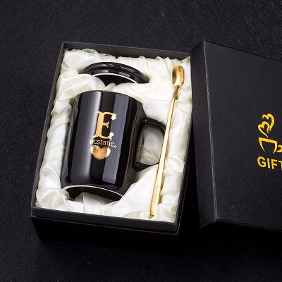 400ml Creative Gold Finger Printing Black Ceramic Coffee Mug Tea Cup With Gold Handle As Gift With Lid And Spoon - Memoriex