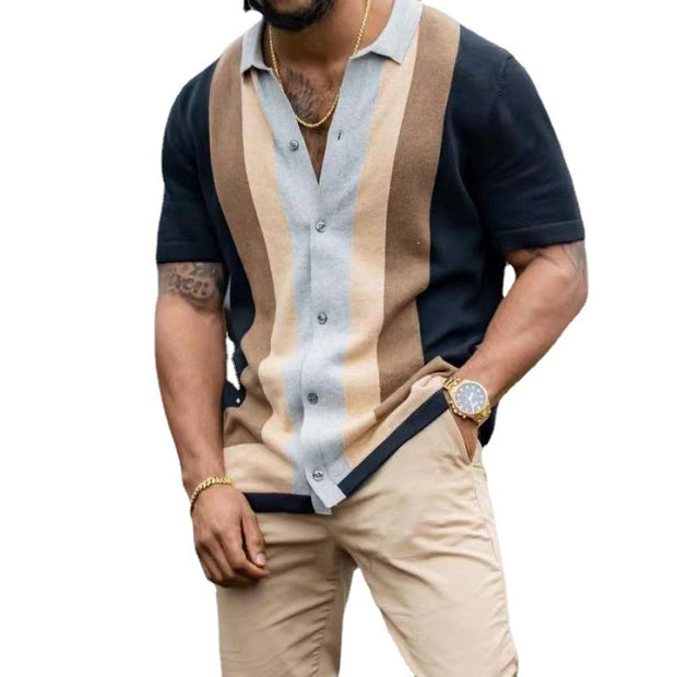 Men's New Striped Casual Short Sleeved Knitting Cardigan T-Shirt Men'S Polo Shirt Shirt - Memoriex