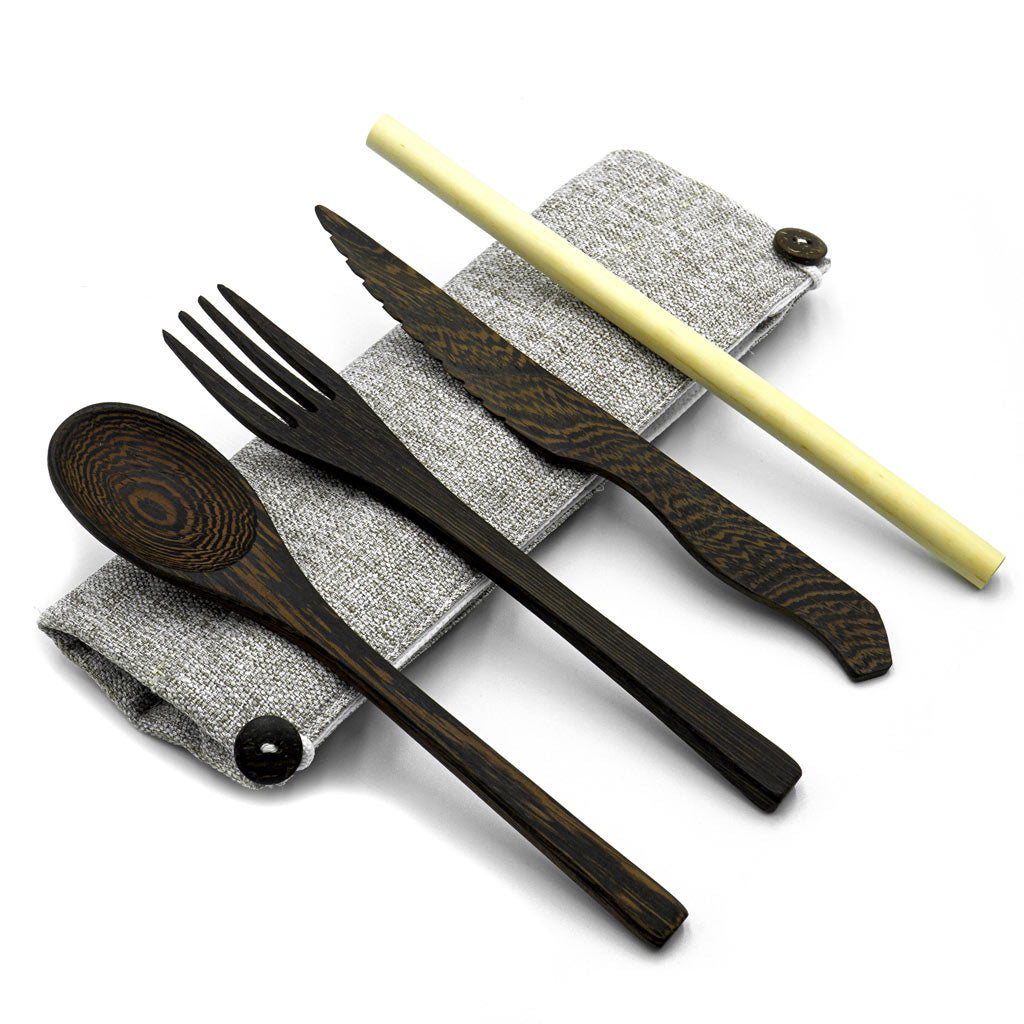 Dark Wood Cutlery Set (Dark grey bag)-5