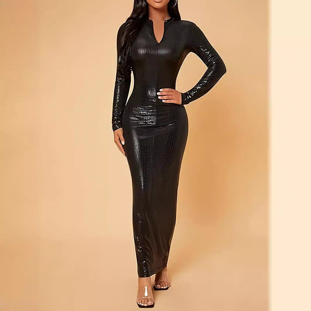 Elastic Tight Front Open Package Hip With A Zipper Long Sleeve Dress Women - Memoriex 
