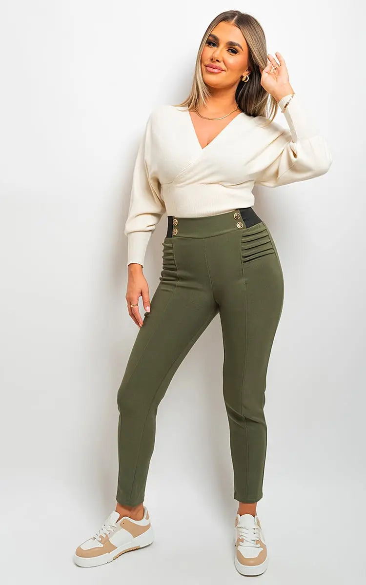 Elastic Waist Button Detail Leggings-2