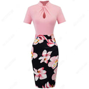 Elegant Work Office Business Drapped Contrasting Bodycon Slim Lady Women Sexy Front Key Hole Summer Pencil Dress EB430 - Memoriex 