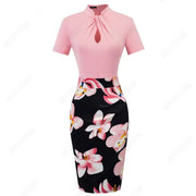 Elegant Work Office Business Drapped Contrasting Bodycon Slim Lady Women Sexy Front Key Hole Summer Pencil Dress EB430 - Memoriex 