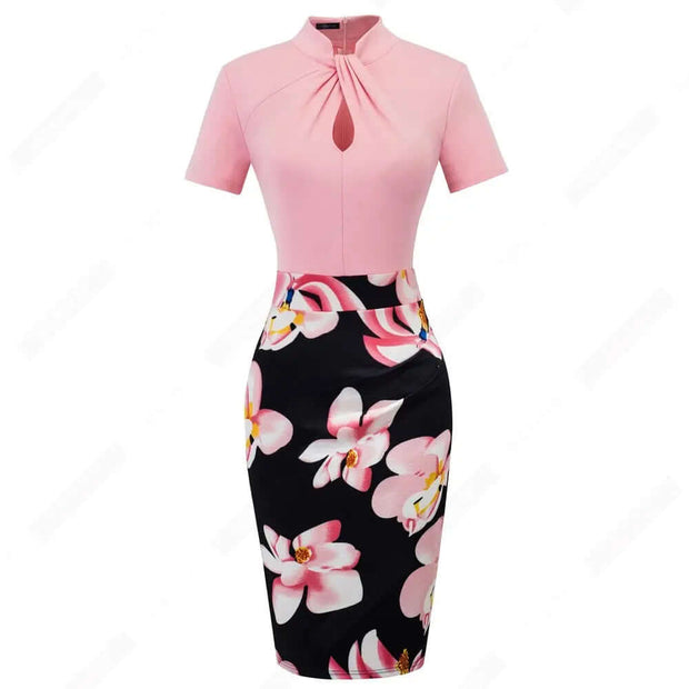 Elegant Work Office Business Drapped Contrasting Bodycon Slim Lady Women Sexy Front Key Hole Summer Pencil Dress EB430 - Memoriex 