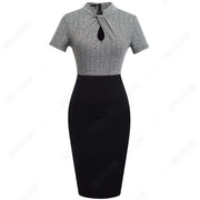 Elegant Work Office Business Drapped Contrasting Bodycon Slim Lady Women Sexy Front Key Hole Summer Pencil Dress EB430 - Memoriex 