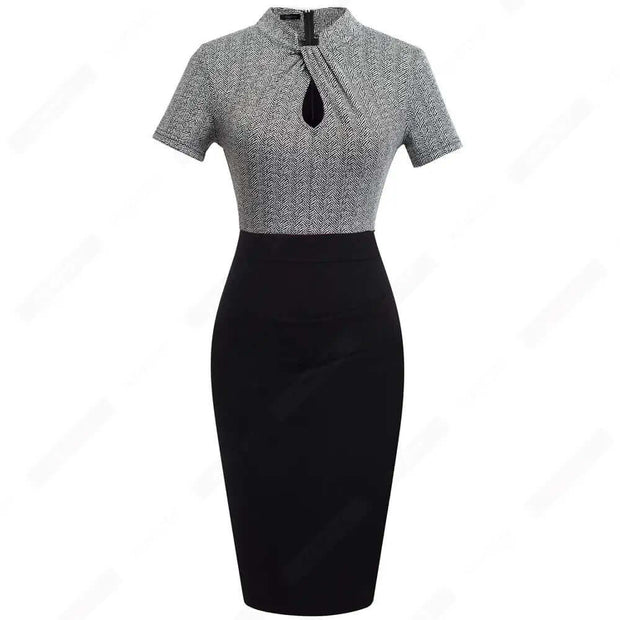 Elegant Work Office Business Drapped Contrasting Bodycon Slim Lady Women Sexy Front Key Hole Summer Pencil Dress EB430 - Memoriex 