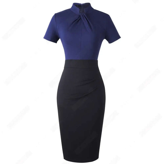 Elegant Work Office Business Drapped Contrasting Bodycon Slim Lady Women Sexy Front Key Hole Summer Pencil Dress EB430 - Memoriex 