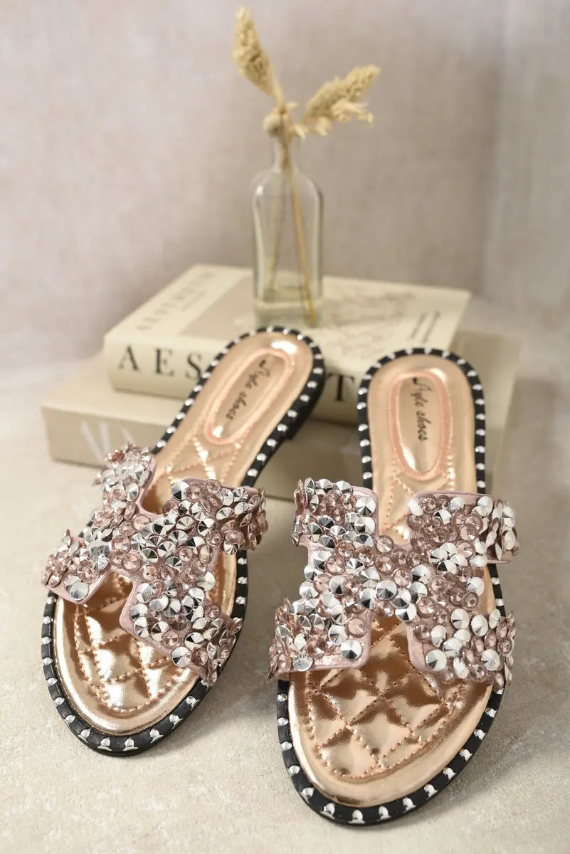 Embellished Open Toe Flat Sandals - Memoriex 