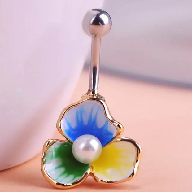Enamel Pearl Beads Flowers Piercing Navel Belly Button Rings Body Piercing Violetta Gothic Accessorries - Memoriex 