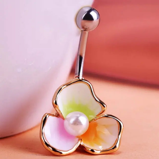 Enamel Pearl Beads Flowers Piercing Navel Belly Button Rings Body Piercing Violetta Gothic Accessorries - Memoriex 