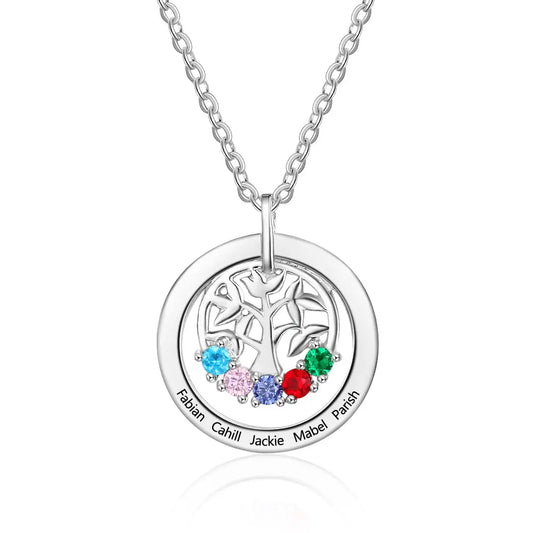 Engraved Name Family Tree Pendant Necklace with Five Birthstones-0