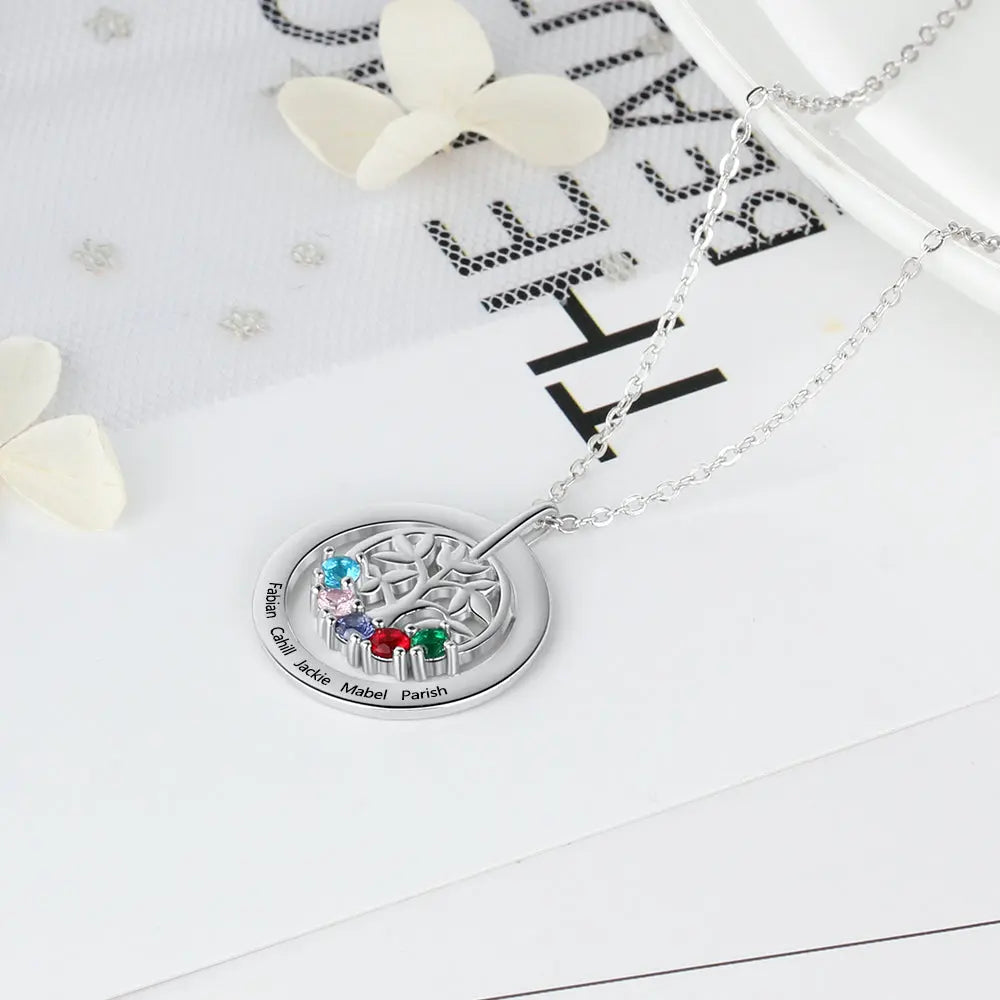 Engraved Name Family Tree Pendant Necklace with Five Birthstones-1