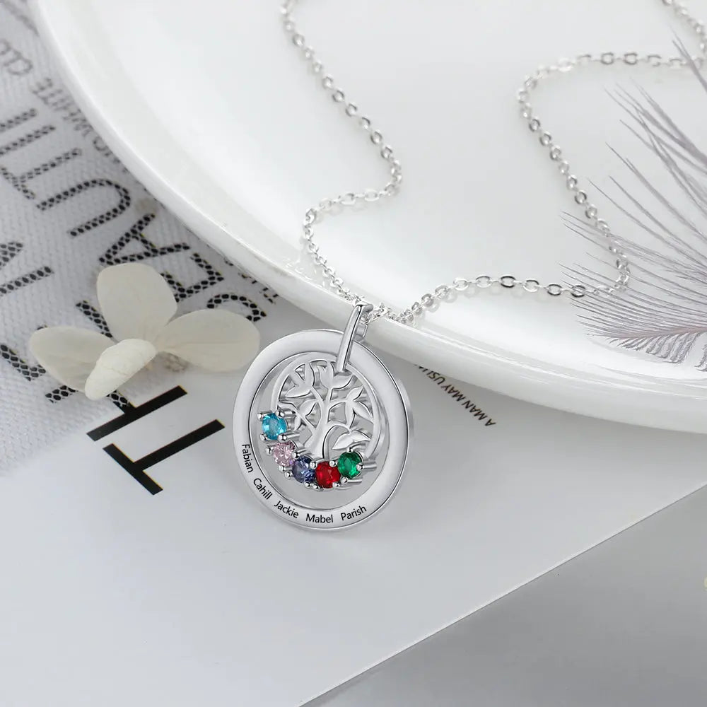 Engraved Name Family Tree Pendant Necklace with Five Birthstones-2