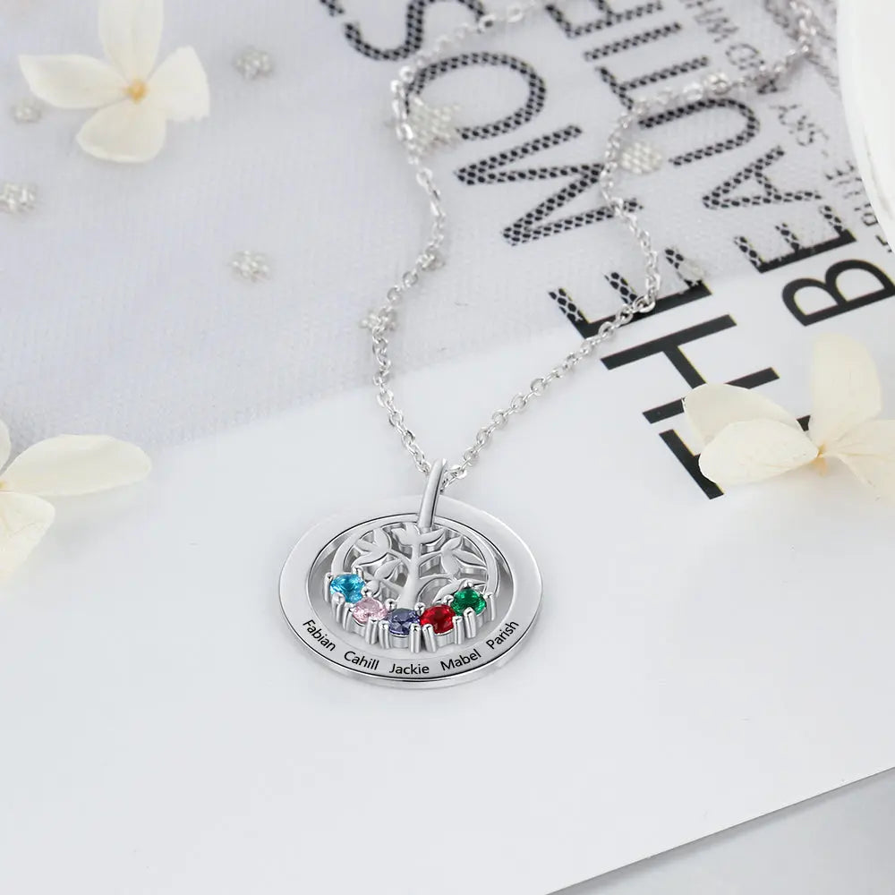 Engraved Name Family Tree Pendant Necklace with Five Birthstones-3