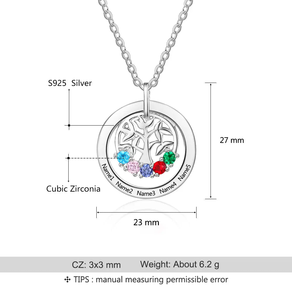 Engraved Name Family Tree Pendant Necklace with Five Birthstones-4