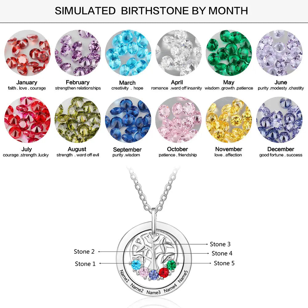 Engraved Name Family Tree Pendant Necklace with Five Birthstones-5