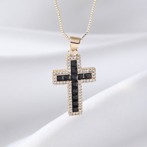 European And American Fashion Copper Micro Inlaid Zircon Cross Necklace Religious Design Hip Hop Style - Memoriex 
