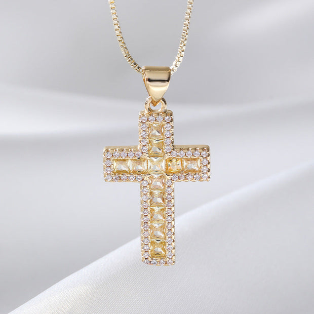 European And American Fashion Copper Micro Inlaid Zircon Cross Necklace Religious Design Hip Hop Style - Memoriex 