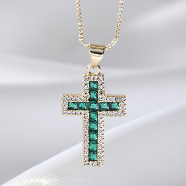 European And American Fashion Copper Micro Inlaid Zircon Cross Necklace Religious Design Hip Hop Style - Memoriex 