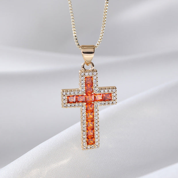 European And American Fashion Copper Micro Inlaid Zircon Cross Necklace Religious Design Hip Hop Style - Memoriex 