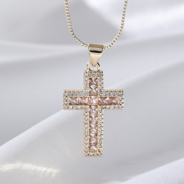European And American Fashion Copper Micro Inlaid Zircon Cross Necklace Religious Design Hip Hop Style - Memoriex 