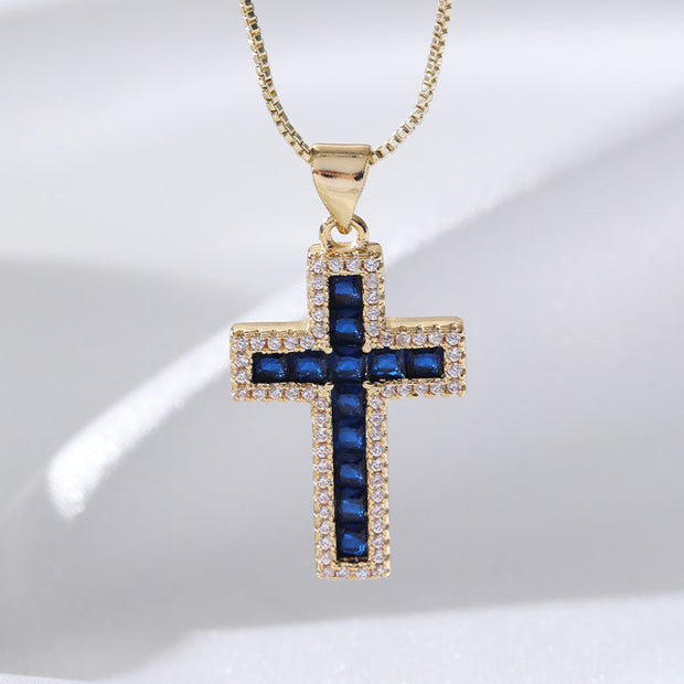 European And American Fashion Copper Micro Inlaid Zircon Cross Necklace Religious Design Hip Hop Style - Memoriex 