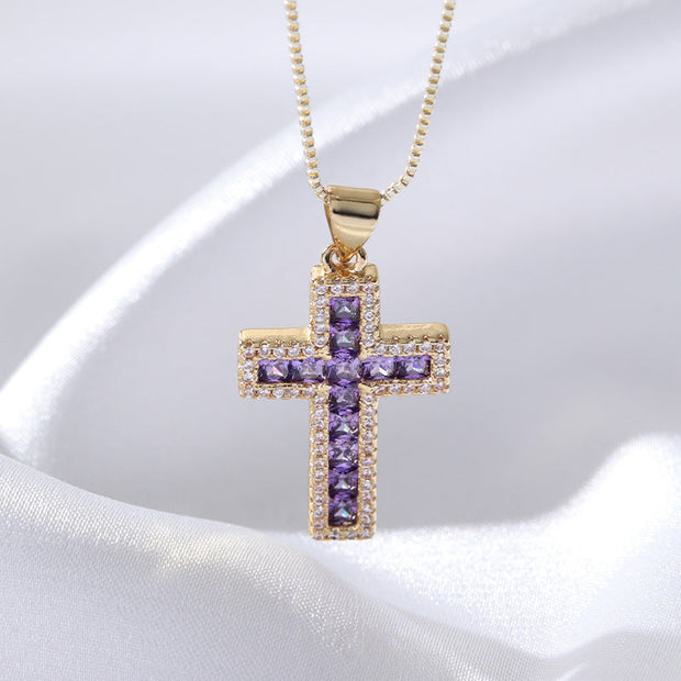 European And American Fashion Copper Micro Inlaid Zircon Cross Necklace Religious Design Hip Hop Style - Memoriex 