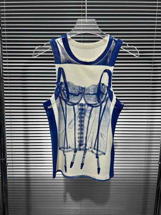 Small niche design hand-painted blue print slim fit and slimming strapless vest women's trend