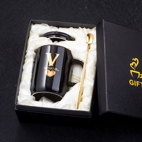 400ml Creative Gold Finger Printing Black Ceramic Coffee Mug Tea Cup With Gold Handle As Gift With Lid And Spoon - Memoriex