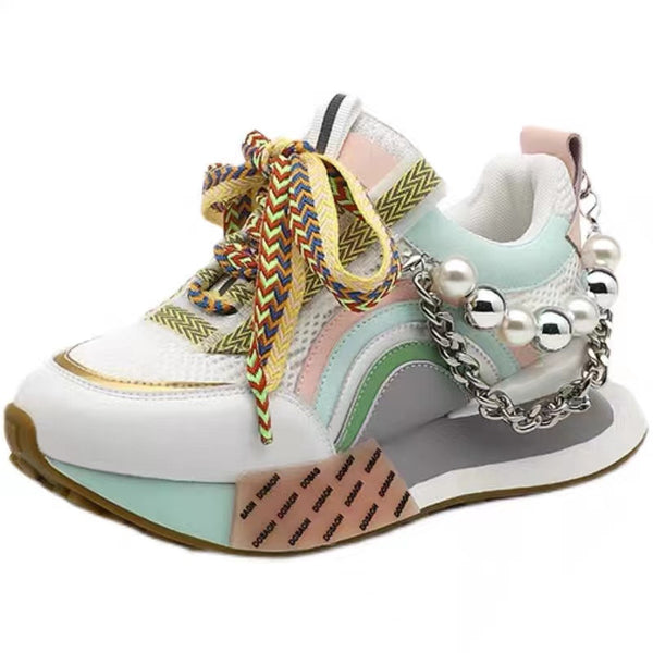 Retro Chunky Trainers with Leather Insole, Pastel Colour-Block...
